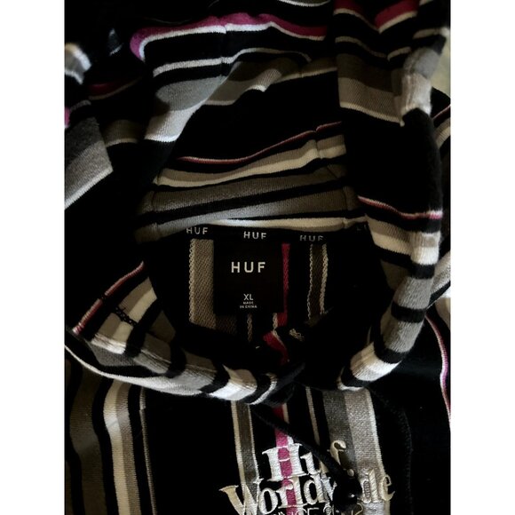 Huf Black Striped Pullover Hoodie Skateboarding Outdoor XL J19 - Picture 4 of 4